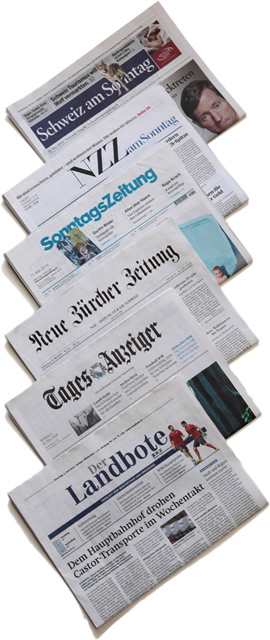 Das Umfeld der Wandzeitung: Der Landbote, Tages Anzeiger, NZZ, SonntagsZeitung, NZZ am Sonntag, Schweiz am Sonntag